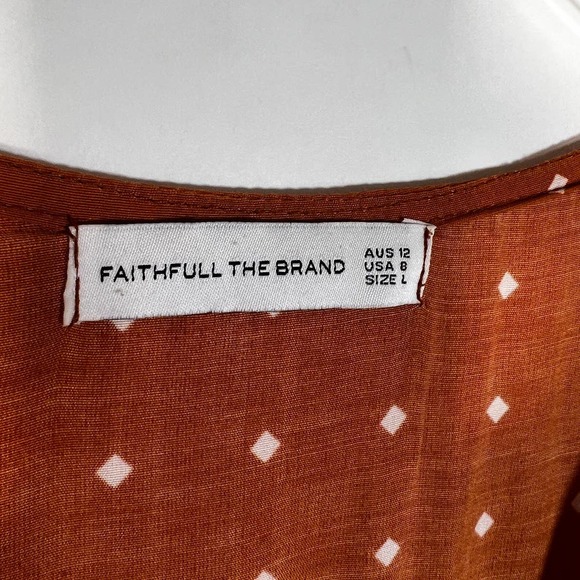 Faithfull The Brand Women's Carmel Mini Wrap Dress 8 Brown Orange Ruffled - Picture 7 of 9